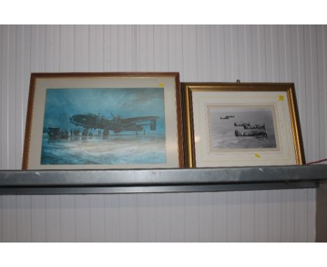 A framed and glazed photographic print depicting spitfires together with a John Rayson print depicting a bomber