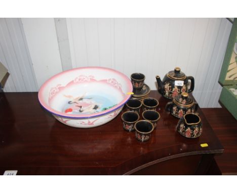 A Greek decorated coffee set together with an enamel wash bowl