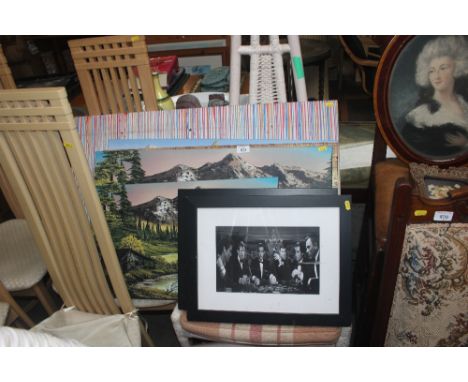 A print depicting Spitfires; a Banksy print; two James Bond prints etc