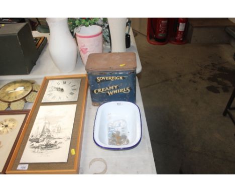 A Sovereign cream tin together with an enamel dish and a small quantity of foreign coinage