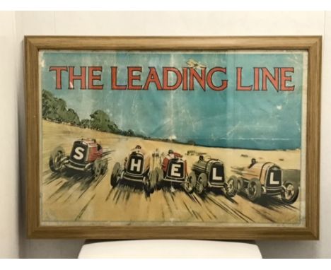 A rare Shell Petrol "The Leading Line" advertising poster from the 1930s. Features striking pictorials of five pre-war racing