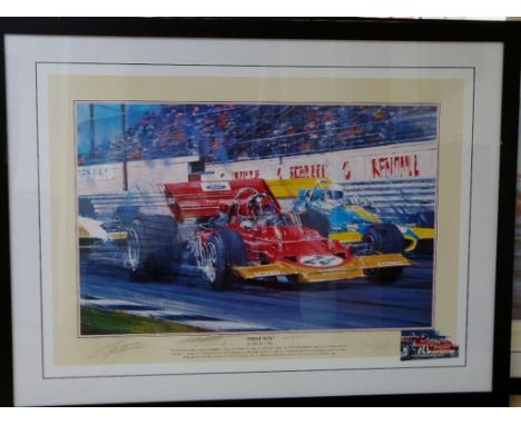 "First Win". A limited edition print by Nicholas Watts, number 409/800 depicting Emerson Fittipaldi winning his first Grand P