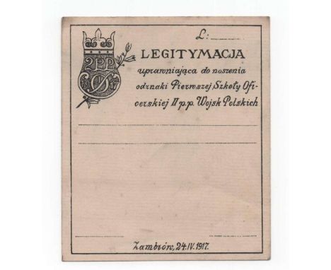 Original period legitimation card document for the badge of the 1st Officer School of the 2nd Infantry Regiment of Polish Arm