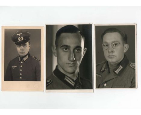 Lot of 3 German portrait photos in postcard format, Wehrmacht. Two posing in field jackets, one in parade uniform. Very good 