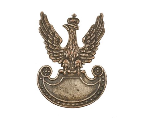 Polish eagle cap badge depicting an eagle with spread wings sitting on an amazon shield. The head is topped with a closed cro