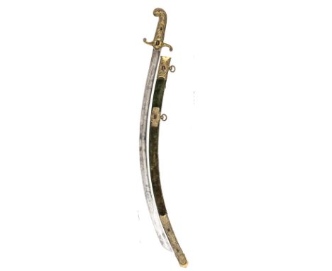 A 19th century Turkish officer’s mameluke style sword,  fully curved, fullered blade 28½”, probably German, etched on both si