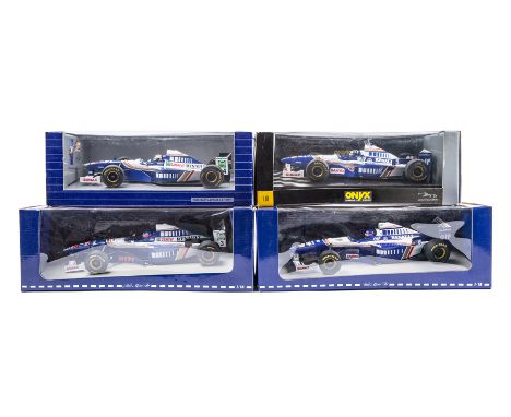 4 1:18 Formula 1 racing cars. An ONYX Williams Renault, RN5 D. Hill, signed on box window. 3 Pauls Model Art -2x Jacques Vill