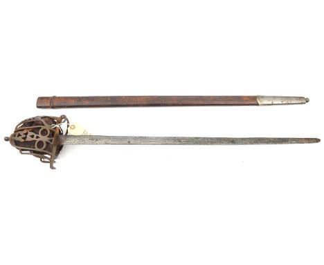 An assembled Scottish broadsword,  SE blade 30” with rounded tip (heavily worn and pitted), steel basket hilt with bars and p