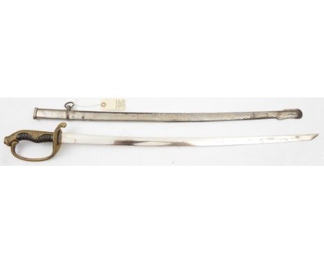 A similar sword, broader plated blade 28”, in its plated scabbard with single ring (some wear, few small dents). GC, the blad