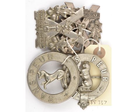 2 Tyneside Scottish glengarry badges  (1136 and 1137) the first with brooch pin (AF); 2 5th Seaforths glengarries (1753, broo