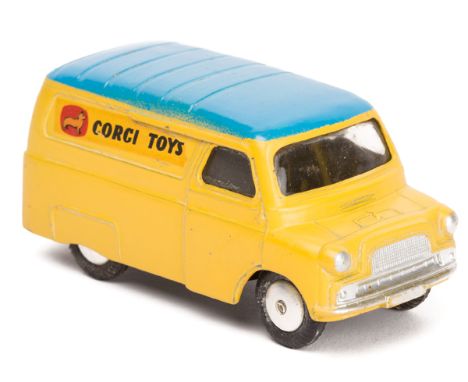 Corgi Toys Bedford CA Van. Example in yellow with mid blue roof, ‘CORGI TOYS’ to sides. GC some light wear overall. Plate 1  