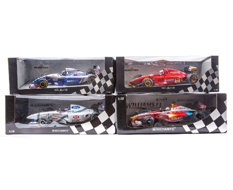 4 Pauls Model Art/Minichamps 1:18 Formula 1 racing cars. 2 Grand Prix series - Williams Renault FW16 RN5 D. Hill. Plus a Ferr