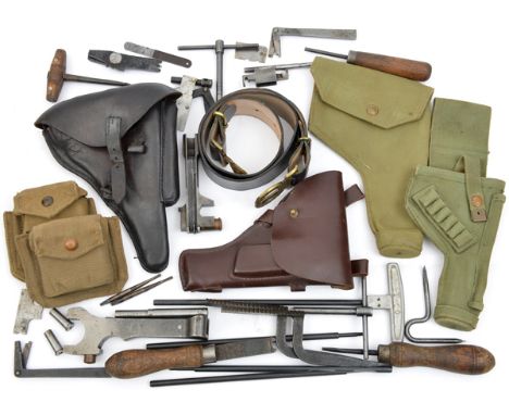 A leather holster for a Luger, probably WWI (worn); another leather holster for an automatic pistol; 2 webbing holsters; 2 we