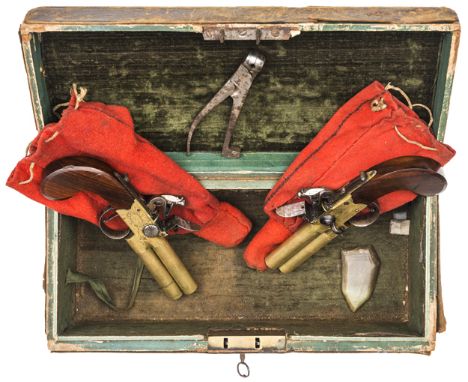 A good pair of 60 bore brass barrelled and brass framed double barrelled over and under tap action flintlock boxlock pistols,