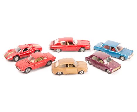 5 Politoy cars. A Simca 1500 in metallic blue. A Fiat 850 in bronze. A Porsche 904 Carrera GTS and a Lancia Flavia Sport both