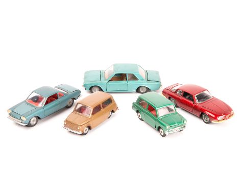 5 Politoy cars. An Alfa Romeo 2600 SZ (530) in metallic red. A Fiat Siata 1500 (502) in metallic blue. A Taunus 20M TS (519) 