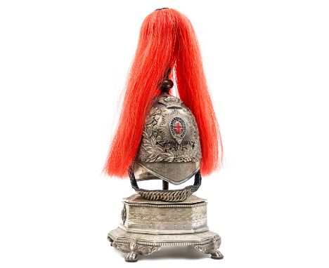 A Victorian heavy quality silver plated desk tray/ornament in the form of an officer’s helmet of the Royal Horse Guards, skul