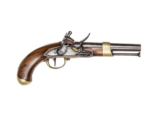 A French 14  bore Model An XIII flintlock cavalry pistol, 14” overall, barrel 8” dated at the breech 1807; lock engraved “Man