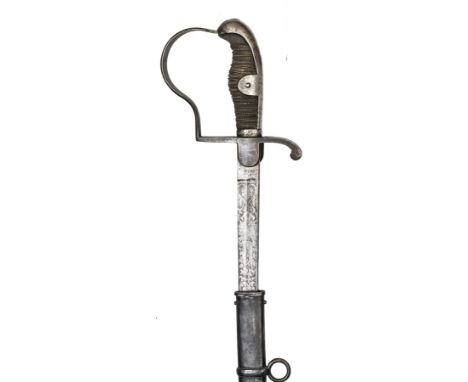 A pre WW1 German infantry officer’s sword, curved, fullered blade 31”, etched with trophies of flags and weapons in scrolled 