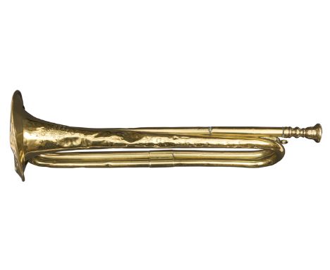 A brass cavalry trumpet,  by Henry Potter, Charing Cross, London, stamped with WD and broad arrow, “C & M, 1879, 3/81, 1 RD”,