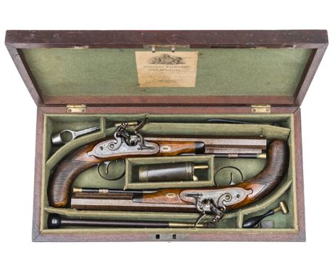 An extremely fine pair of cased 30 bore flintlock duelling pistols by Westley Richards c 1820, 14” overall, sighted browned o