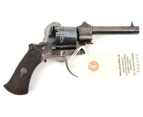 A 6 shot 7mm open frame DA pinfire revolver,  6½” overall, round barrel 3¼”, with B’ham proofs, folding trigger, and chequere