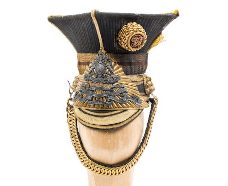 A rare pre-1856 officer’s lance cap of the 16th (The Queen’s) Light Dragoons (Lancers), black leather skull, front peak and b