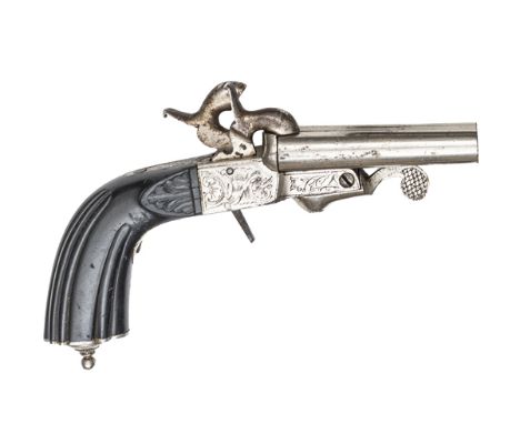 A Continental DB 11mm boxlock pinfire pistol,  7¼” overall, tip down barrels 3¼”, numbered 13 on all parts, with foliate and 