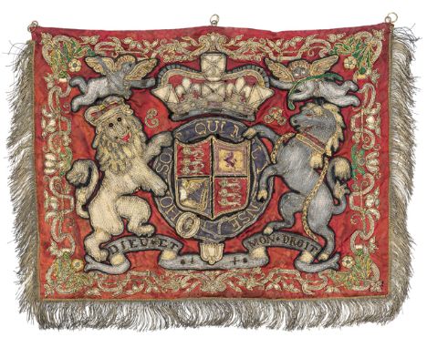 An Edward VII embroidered State Trumpet banner,  crimson damask richly embroidered on one side with crowned Royal Arms and Su