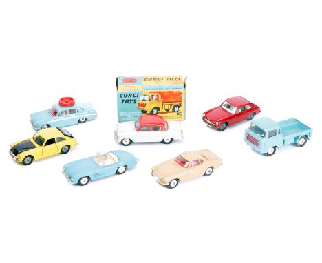 7 Corgi Toys. A Forward Control Jeep FC150 in light blue. An Austin A60 Driving School car in light blue. An MGB GT in maroon