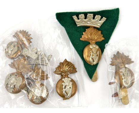 4 R Irish Fusiliers cap badges: 2 part coronet and eagle on ball, pair matching collars with coronet attached, 2 part coronet