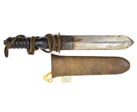 A diver’s knife,  DE blade 8” (signs of heating at forte), brass crossguard, turned darkwood grip, with lanyard, in its brass