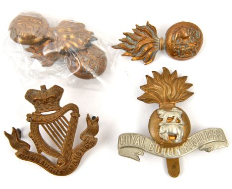 2 Irish cap  badges:  Vic Connaught, and R Dublin Fus with pair and single collars. GC (5) Part II of a Private Collection   