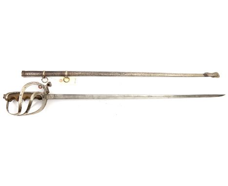 An Italian infantry officers sword,  slender, straight fullered blade 32”, with double fullers at hatchet point, plated steel