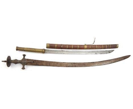 A Tulwar,  curved SE blade 31”, iron hilt of traditional form with short spike (dark rust patina overall) and a dha, blade 21