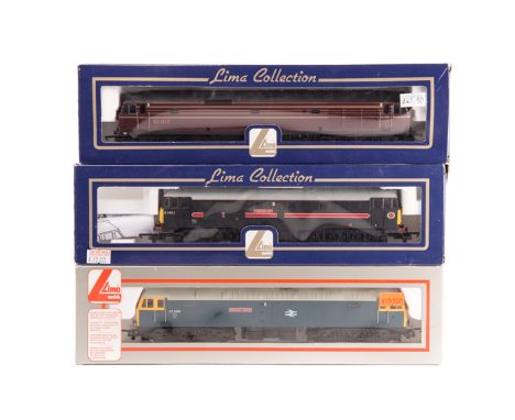 3 Lima OO diesel locomotives. A BR class 50 Co-Co locomotive 50017, in LMS style gold lined maroon livery. An ex-BR class 31 