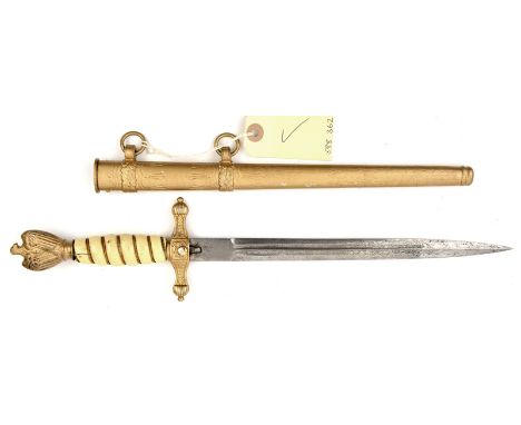 A Third Reich Kriegsmarine officers dagger, blade marked “F W Holler Solingen” etched with ship etc, in its scabbard GC (pomm