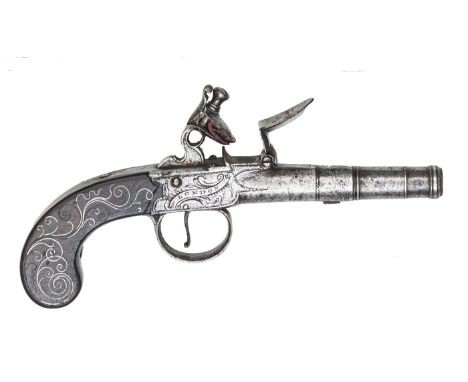 A 55 bore cannon barrelled flintlock boxlock pocket pistol by Barber, London, c 1770, 7¾” overall, turn off barrel 2¼”; with 