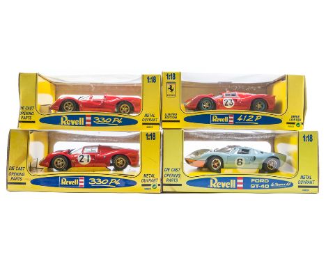 4 Revell 1:18 Sports/Racing Cars. 3 Ferrari – 2x 330P4, racer RN21 closed top and an open topped sports car, both in racing r