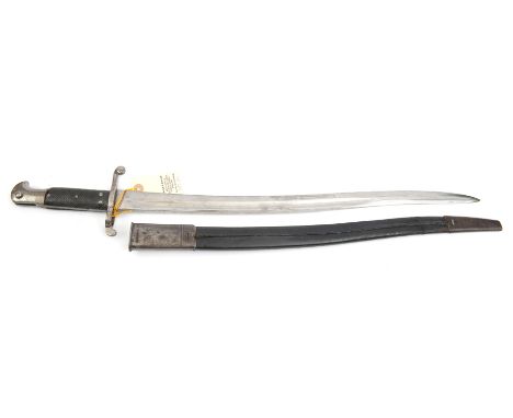 An 1856 pattern Yataghan bayonet for Enfield or Snider rifle,  in its steel mounted first pattern leather scabbard. GC       