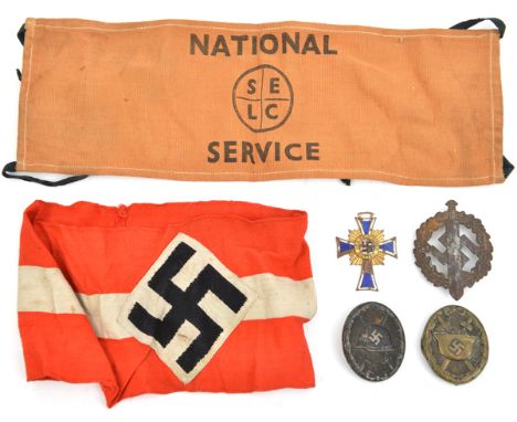 A Third Reich Hitler Youth arm band,  an “S E L C” National service arm band; 2 wound badges, a Mothers Cross (enamel AF) and