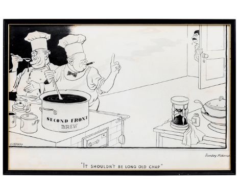 3 original black and white cartoons: Churchill and Roosevelt as cooks with a pan of “Second Front Brew” telling Stalin, who i