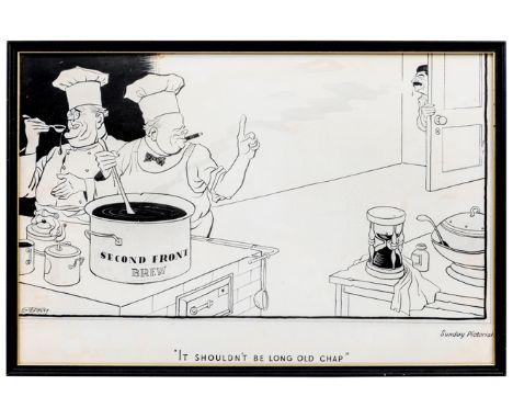 3 original black and white cartoons: Churchill and Roosevelt as cooks with a pan of “Second Front Brew” telling Stalin, who i