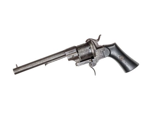 A Belgian 6 shot 9mm open frame DA pinfire revolver,  10” overall, round barrel 6¼” stamped at the breech “E Lefaucheux/ Invr