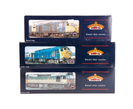 3 Bachmann OO diesel locomotives. A BR Class 20 Bo-Bo locomotive 20063, in unlined blue livery. A Class 24 Bo-Bo locomotive D