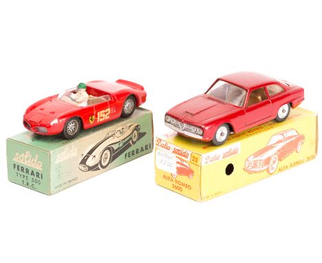 2 Solido sports cars. Ferrari 2.5L in red, RN152. Together with an Alfa Romeo 2600 in deep red. Both boxed, minor wear/damage
