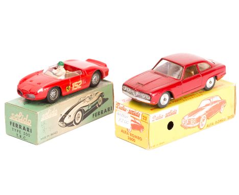 2 Solido sports cars. Ferrari 2.5L in red, RN152. Together with an Alfa Romeo 2600 in deep red. Both boxed, minor wear/damage