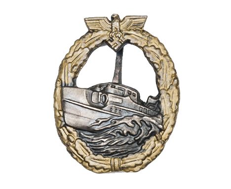 A Third Reich E Boat badge, first pattern,  gold lacquered wreath, bronzed boat, marked “Schwerin Berlin 68”. VGC Plate 2    