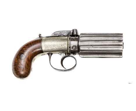 A good quality 6 shot 60 bore self cocking bar hammer percussion pepperbox revolver,  8” overall, unusually heavy barrels 3”;