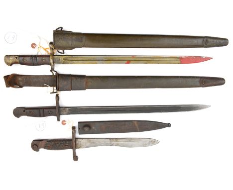 An M1917 bayonet in 1st pattern US scabbard, another similar in 2nd pattern scabbard and with Home Guard type 1939 pattern fr